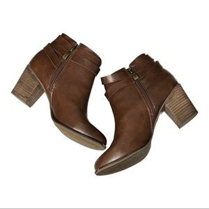 Michael by Michael Shannon Blair Boot Cognac Faux Leather Block Heel Moto Style